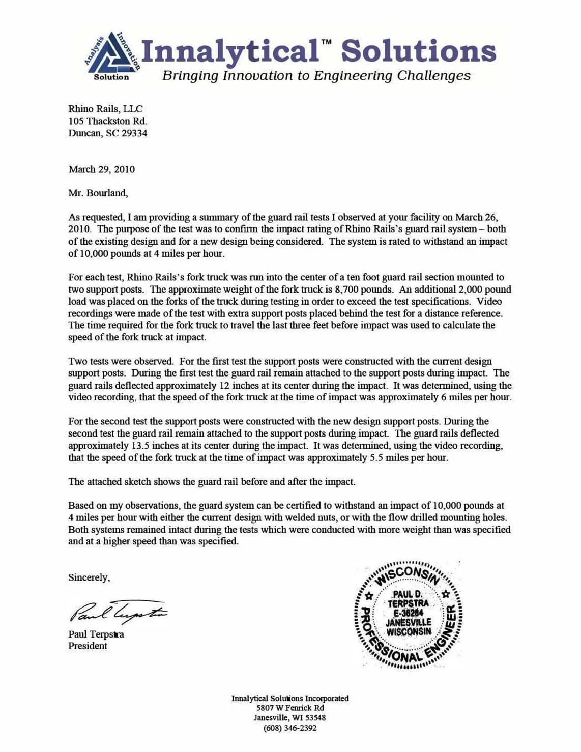 Guard Rail Impact Test - Certification Report