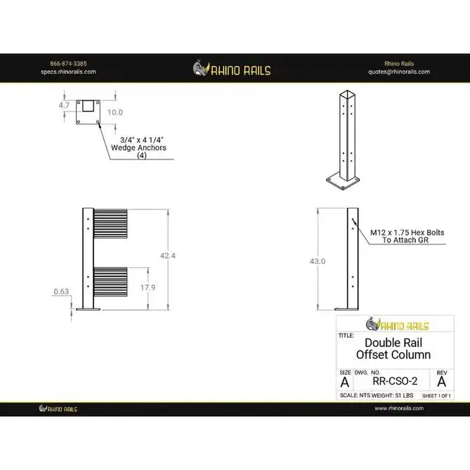 Rhino Rails RR-CSO-2 43in Guardrail Column with Offset Baseplate - Photo - Photo Rhino Rails RR-CSO-2 43in Guardrail Column with Offset Baseplate - Photo