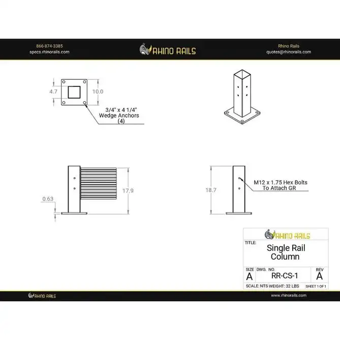 Rhino Rails RR-CS-1 18.5in Guardrail Column with Standard Baseplate - Photo - Photo Rhino Rails RR-CS-1 18.5in Guardrail Column with Standard Baseplate - Photo