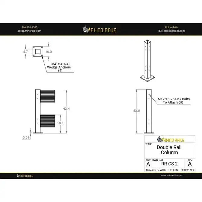 Rhino Rails RR-CS-2  43in Guardrail Column with Standard Baseplate  - Photo