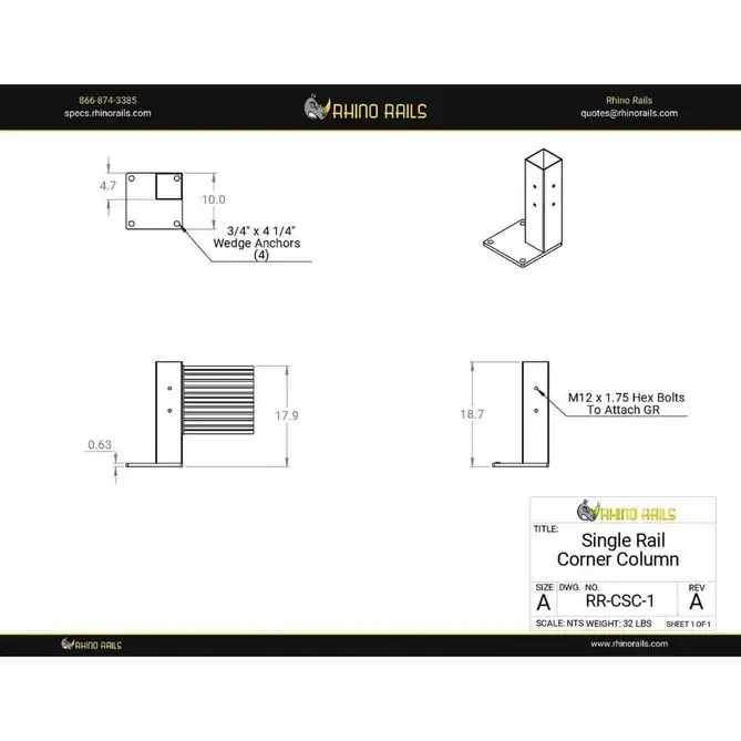 Rhino Rails RR-CSC-1 18.5in Guardrail Column with Corner Baseplate - Photo - Photo Rhino Rails RR-CSC-1 18.5in Guardrail Column with Corner Baseplate - Photo