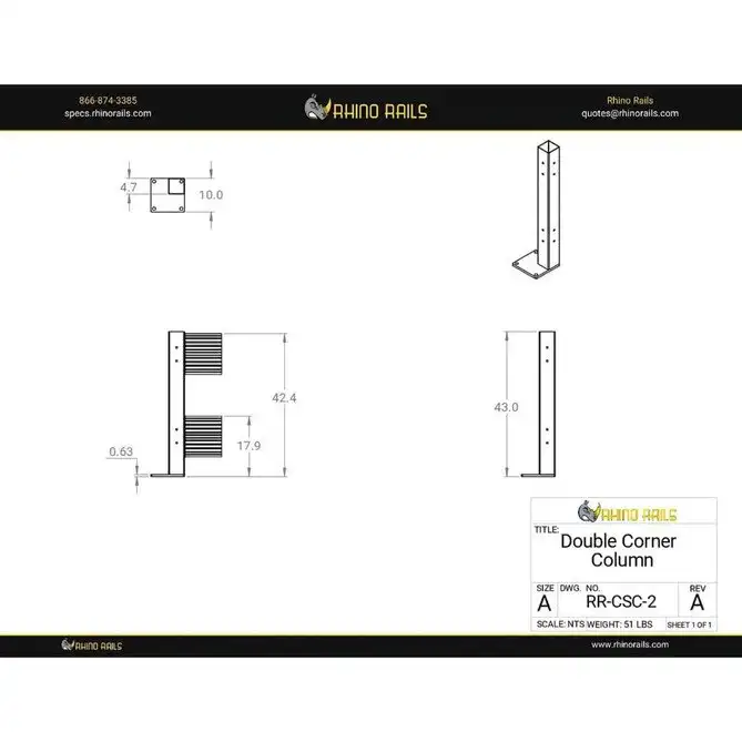 Rhino Rails RR-CSC-2  43in Guardrail Column with Corner Baseplate  - Photo