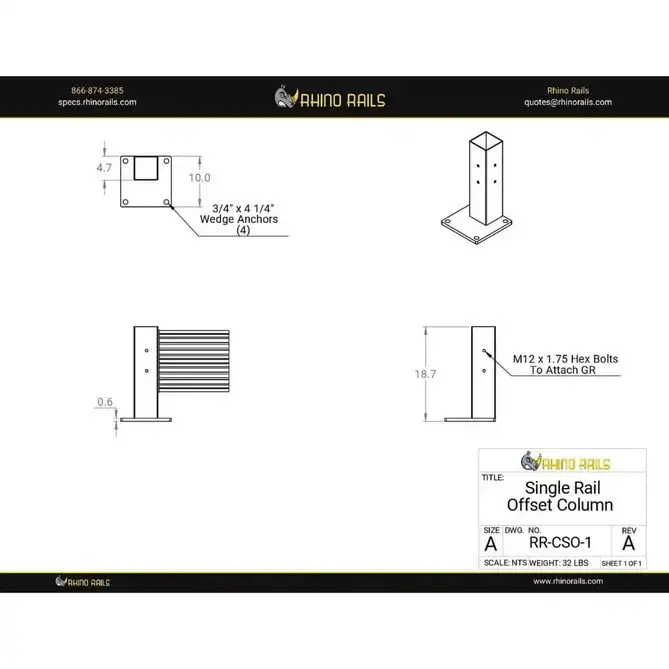 Rhino Rails RR-CSO-1  18.5in Guardrail Column with Offset Baseplate  - Photo